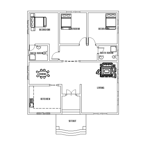 Three Bedrooms House Small House Plan DWGNET.COM